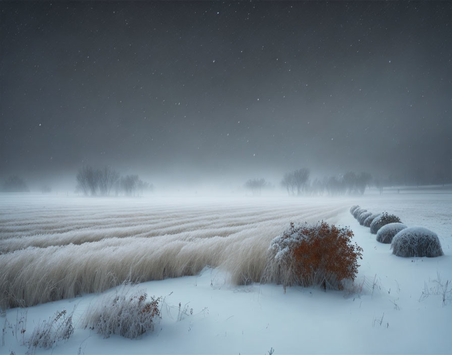 Snowy Dusk Landscape with Shrubs and Starry Sky