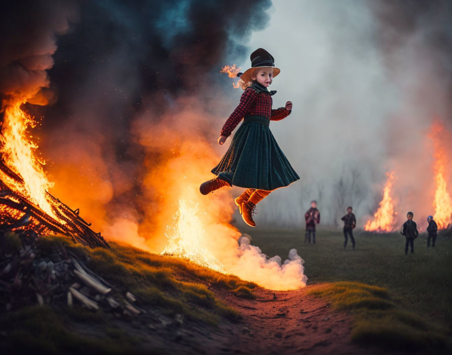 Child floating above path near fire and smoke with onlookers in background