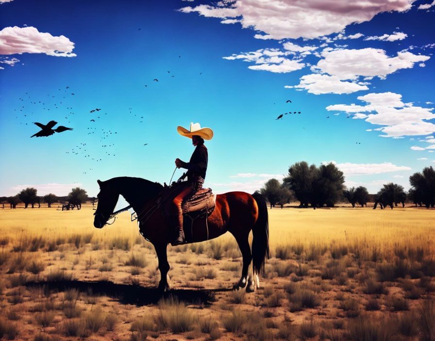 Silhouette of person on horse with large hat in field with birds and trees