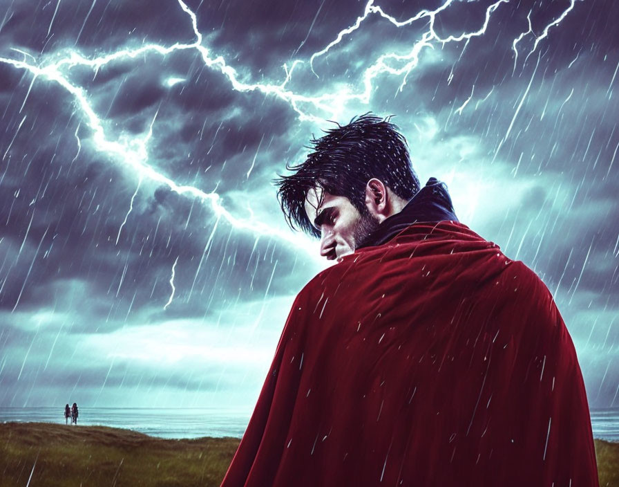 Man in Red Cloak Observes Figures in Rainy Field under Stormy Sky