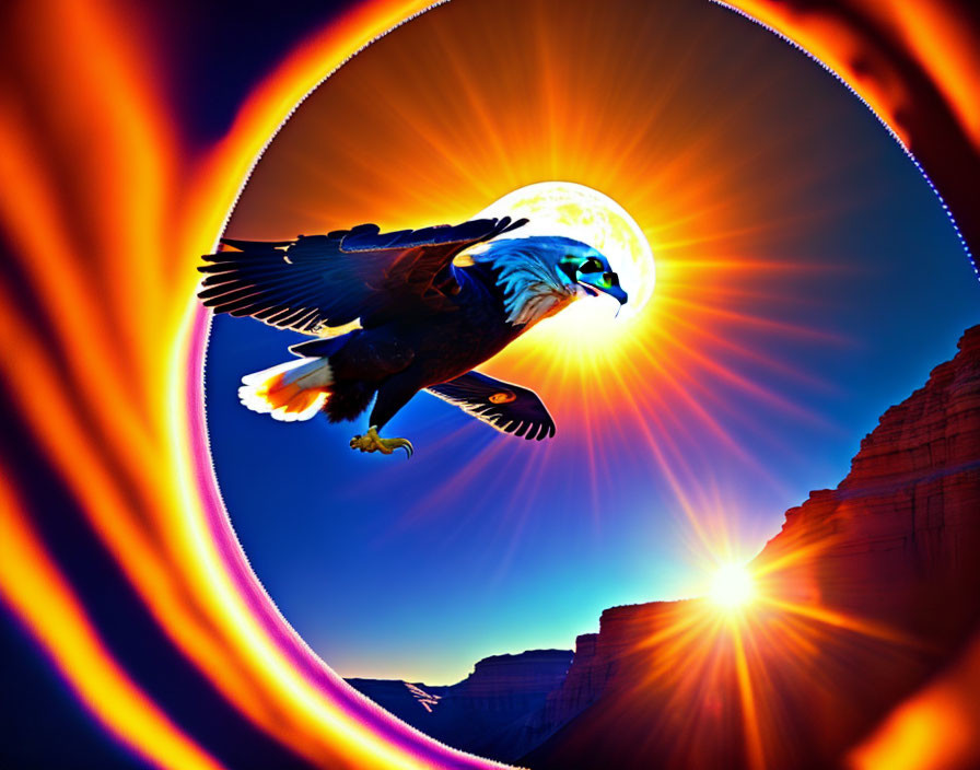 Majestic eagle flying in vibrant sky with sun and fiery flare over canyon ridges