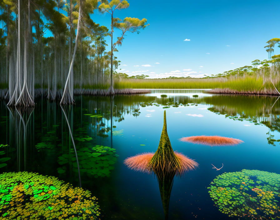 Tranquil freshwater lake with vibrant aquatic plants and reflected trees