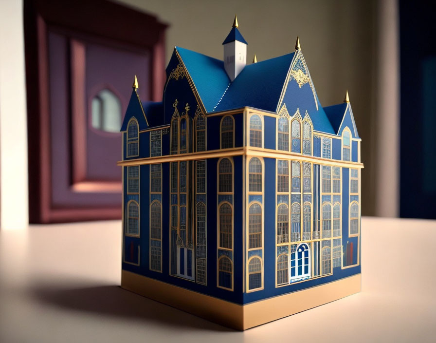 Intricate blue paper model of Victorian-style house on desk