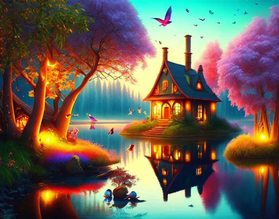 Colorful Cottage by Lake Surrounded by Wildlife and Trees at Twilight