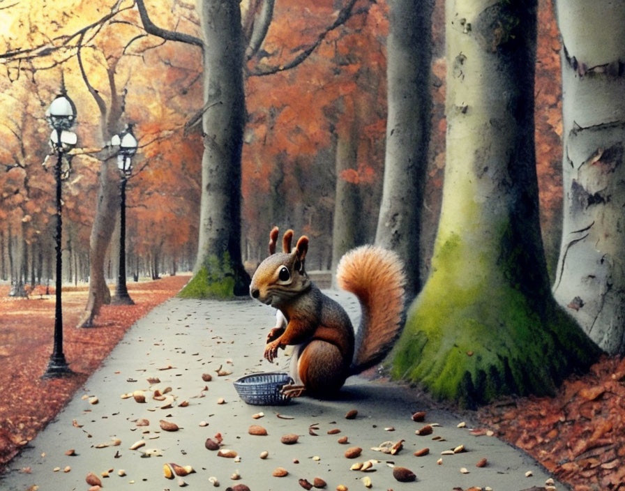 Squirrel with shopping basket among acorns in autumn setting