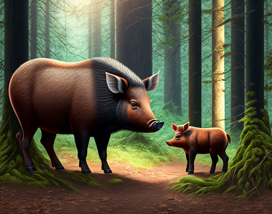 Adult boar and piglet in forest with sunlight filtering through trees