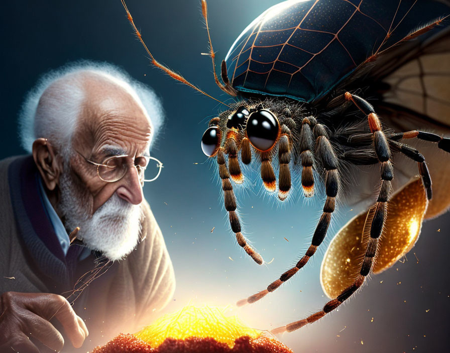 Elderly man with glasses observes intricate mechanical insect