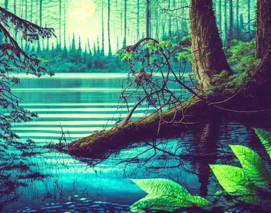 Tranquil lakeside scene with full moon and lush greenery