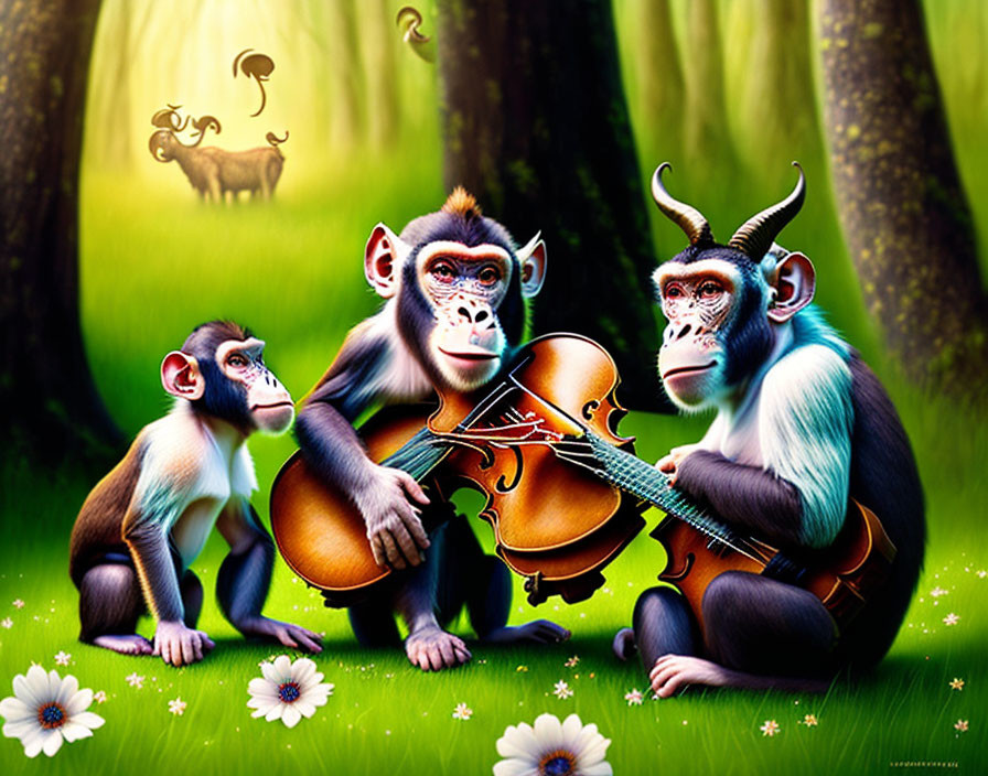 Stylized monkeys playing cello in forest with daisies & lamp