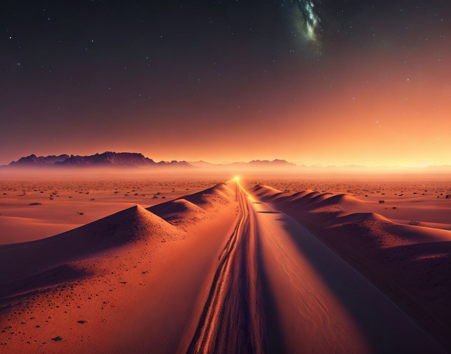 Vivid desert sunset with sand dunes, mountains, and starry sky