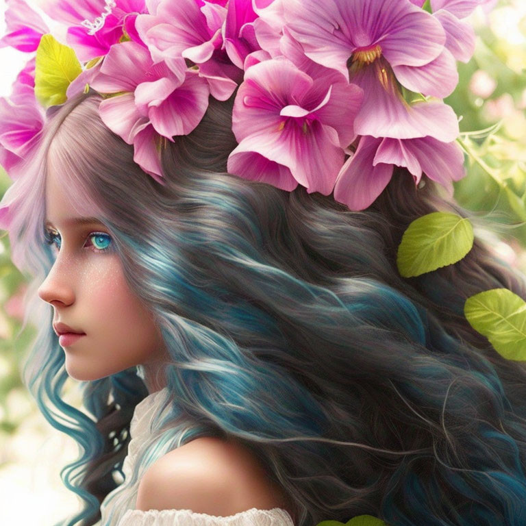 Girl with Blue Wavy Hair and Striking Blue Eyes Surrounded by Pink Flowers and Green Leaves