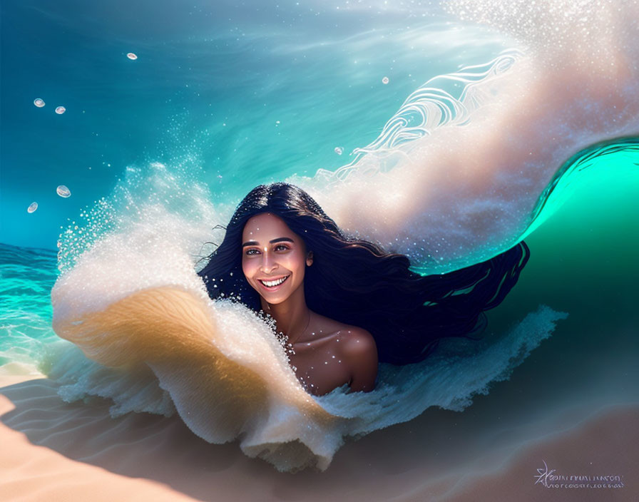 Dark-haired woman smiling in clear blue water with gentle waves.