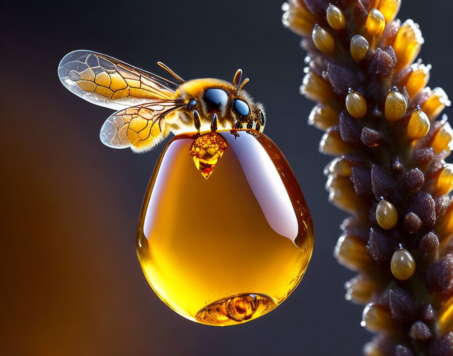 Bee perched on plant stem with honey drop reflecting underside