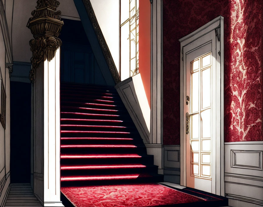 Opulent hallway with grand staircase, red carpet, ornate columns