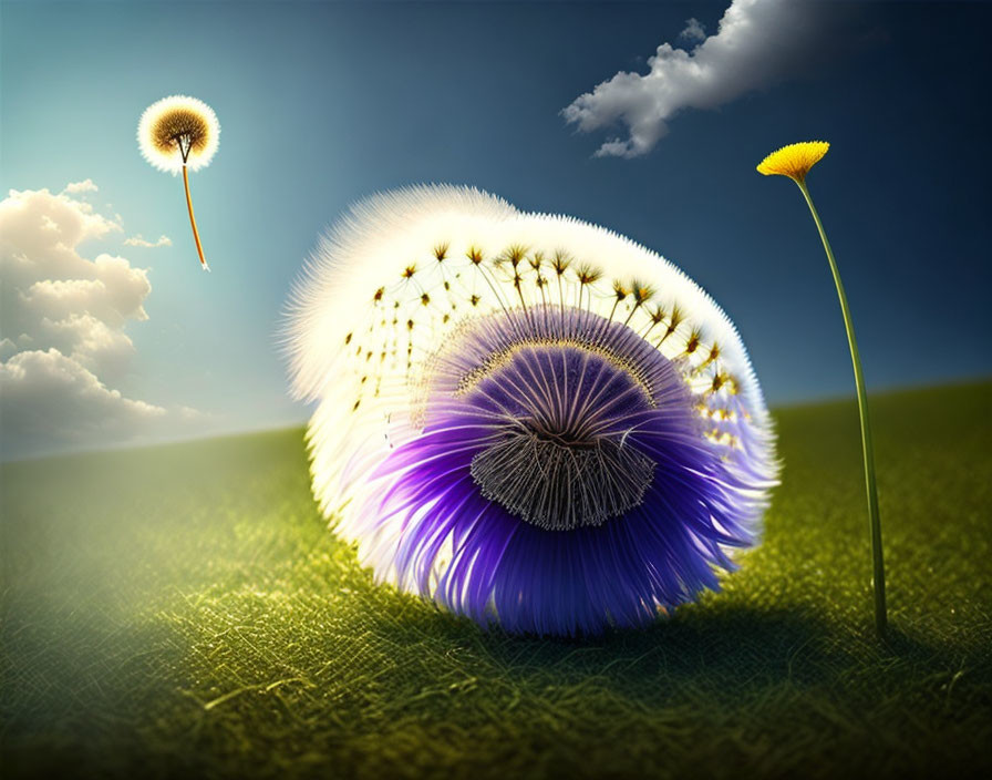 Surreal dandelion with cut purple layers in green field