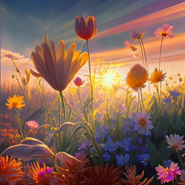 Sunset illuminates diverse flowers in a vibrant field