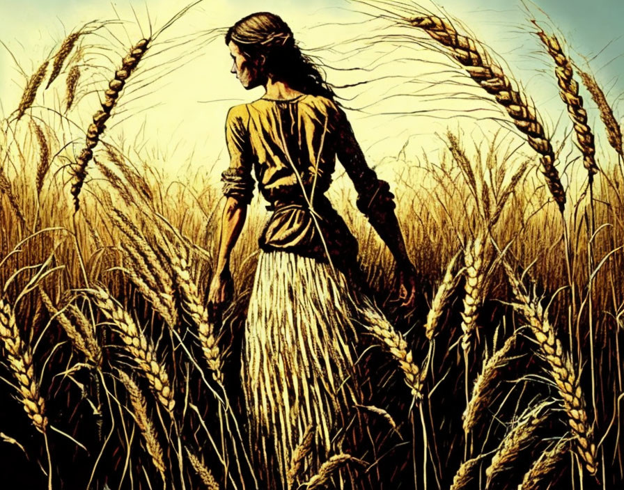 Vintage-dressed woman in golden wheat field under amber sunlight