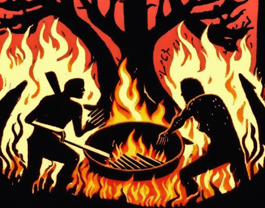 Silhouetted figures cooking over open flame with fiery backdrop