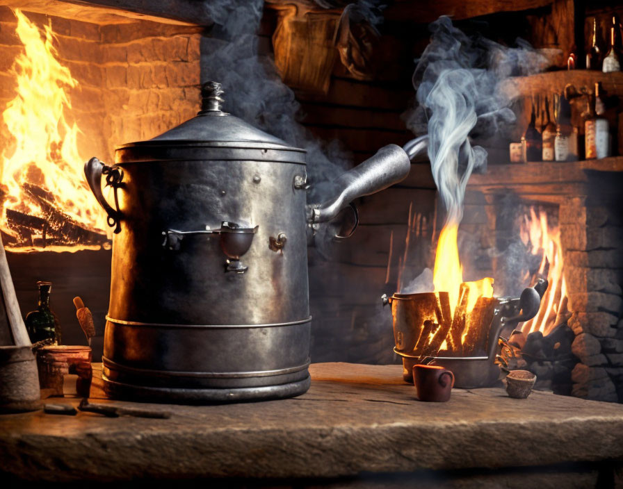 Metal kettle steaming over rustic fireplace in cozy kitchen setting