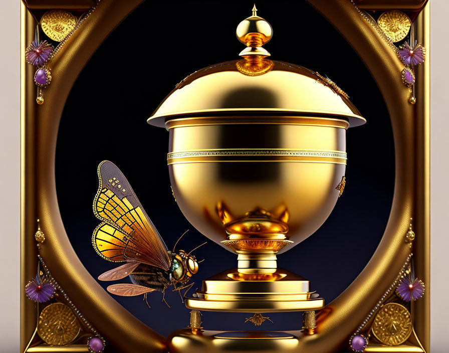 Intricate golden urn with butterfly and insects on dark background