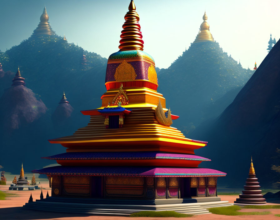 Vibrant animated temple with intricate details against hill backdrop