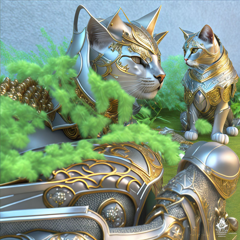 Armored cats with golden detailing in green setting