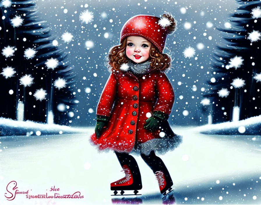 Young girl ice skating in red coat and hat amid wintry scene