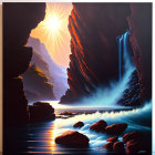 Sunlit waterfall in rocky canyon with misty river