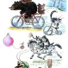 Whimsical anthropomorphic bears and cats on bicycles with books, teapot, birds, and clouds