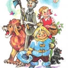 Illustration of Dorothy, Toto, Tin Man, Scarecrow with butterflies, clouds, stars