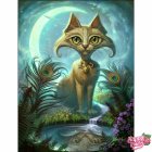 Colorful Cat with Pendant Surrounded by Flowers and Butterflies under Glowing Moon