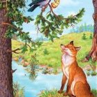 Whimsical painting of fox reaching for bird on tree branch