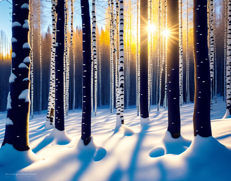 Snowy birch forest with tall trees and sun glow.