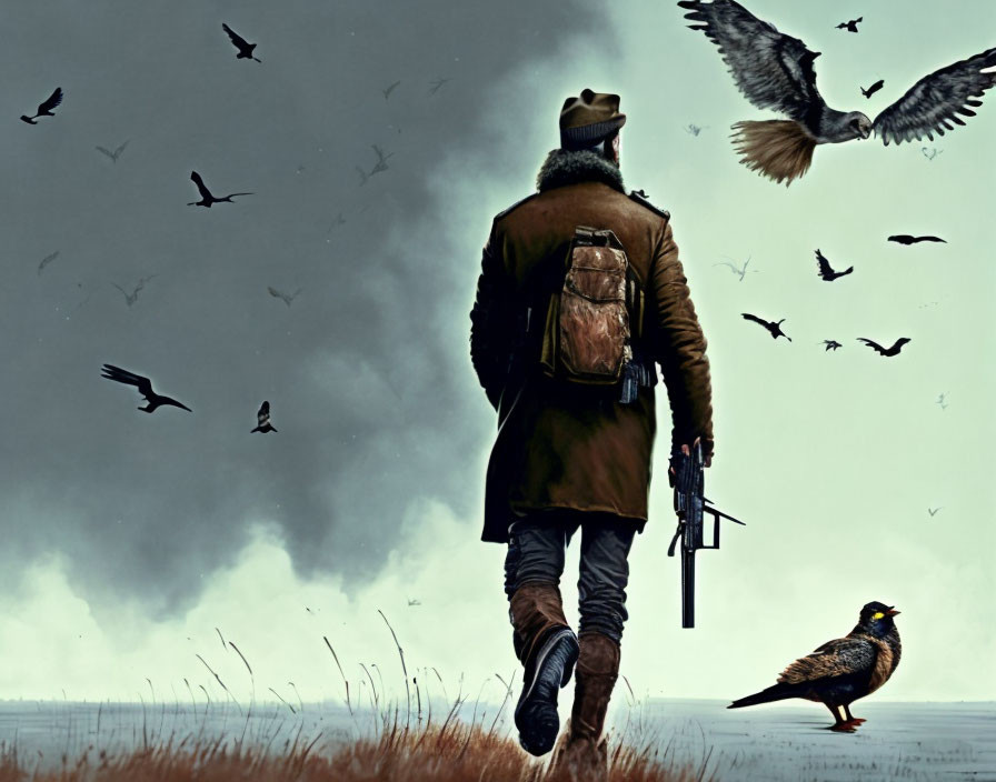 Figure in coat and hat with gun and backpack walking in field under moody sky with flying birds