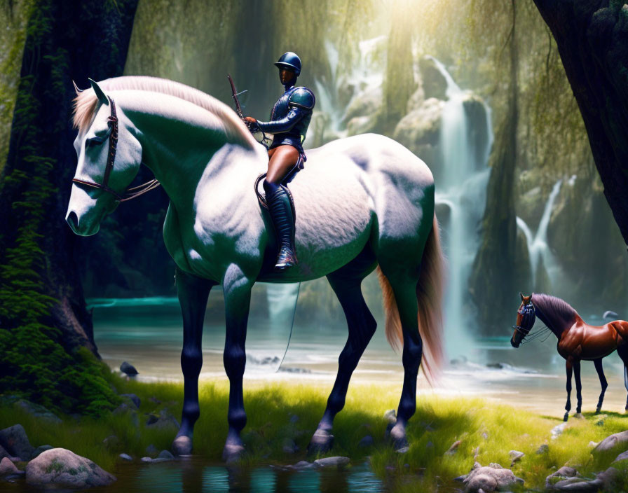 Knight on White Horse by Waterfall in Forest Landscape