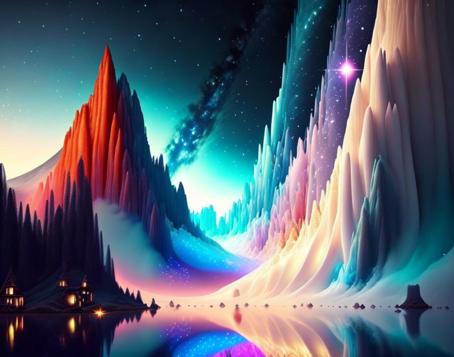 Colorful Pointed Mountains in Surreal Starlit Landscape