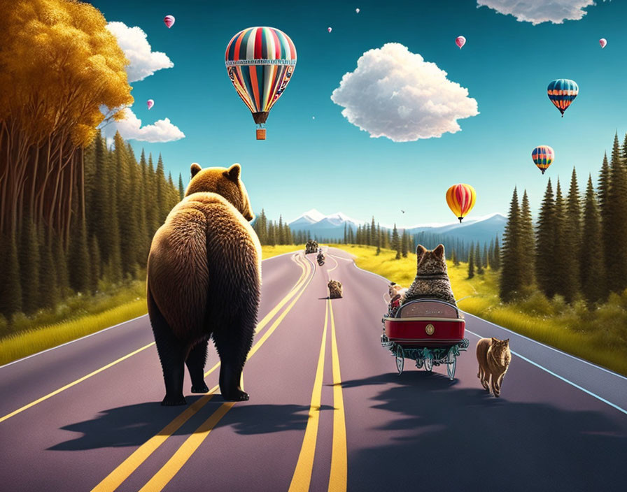 Bear and wolf pull cart with baby bear on forest road with hot air balloons.