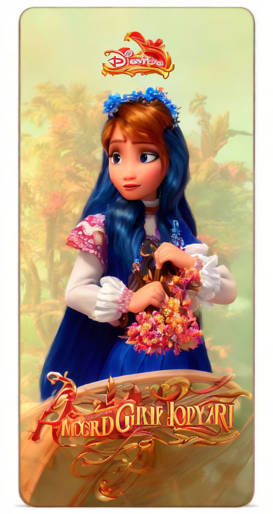 Blue-haired character in dress with flowers, Disney logo and text.