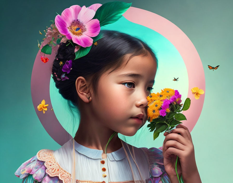 Young girl with flower-filled hair and bouquet, colorful circles and butterflies in whimsical spring scene