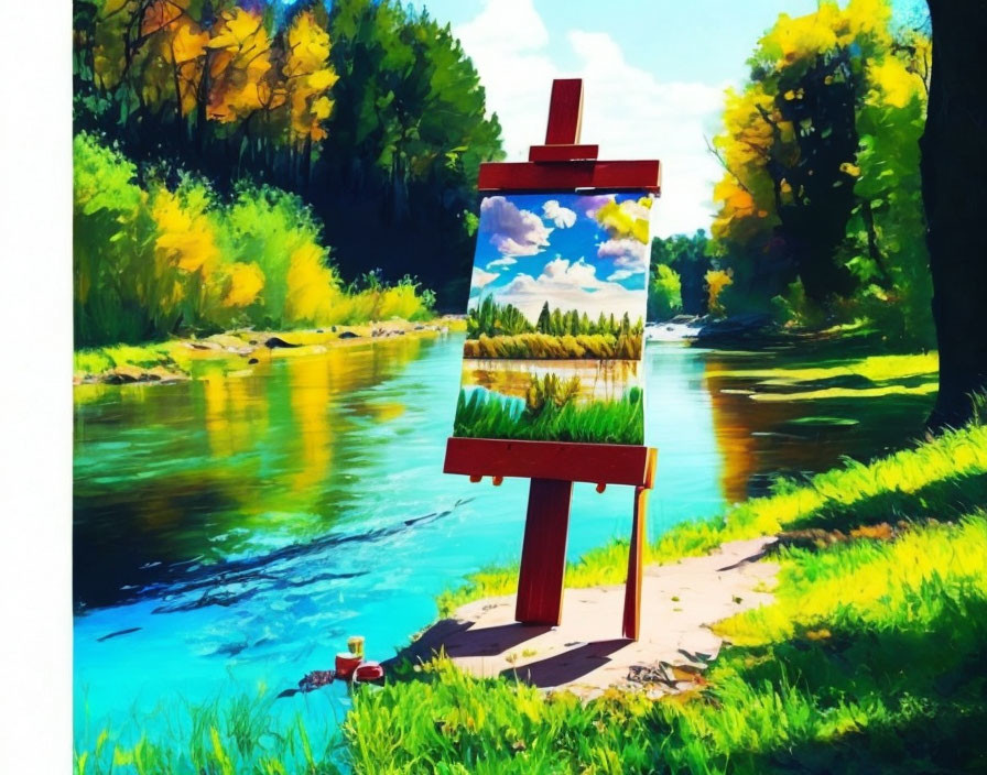 Easel with painted river landscape by tranquil riverbank