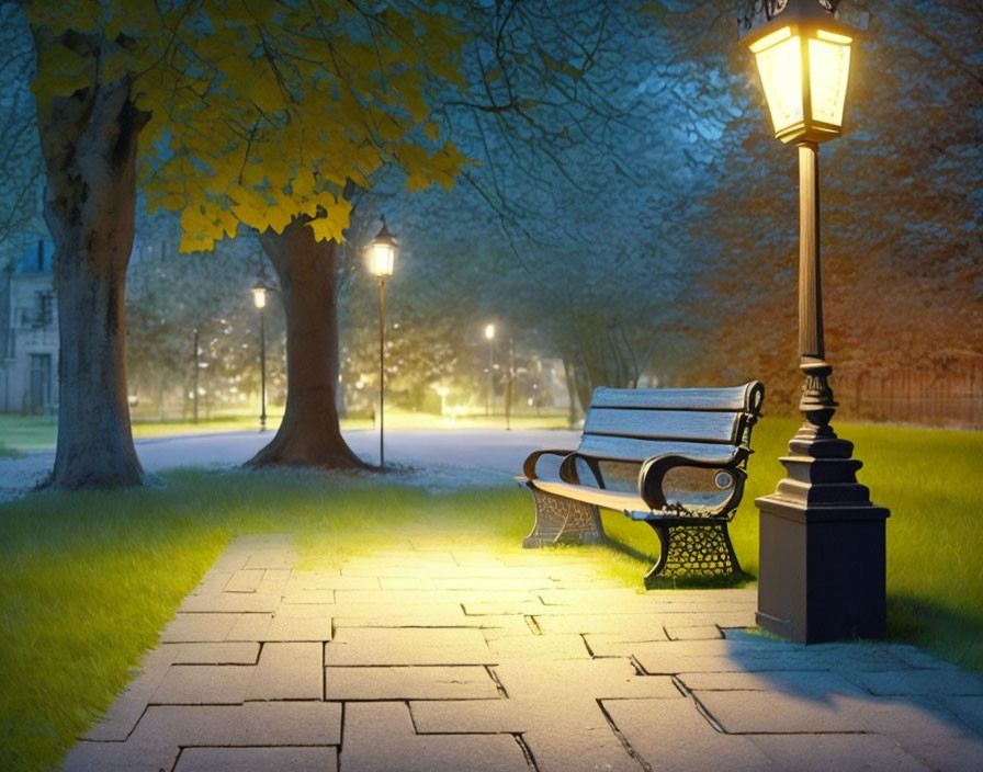 Tranquil park scene at dusk with glowing street lamp, cobblestone path, empty bench,