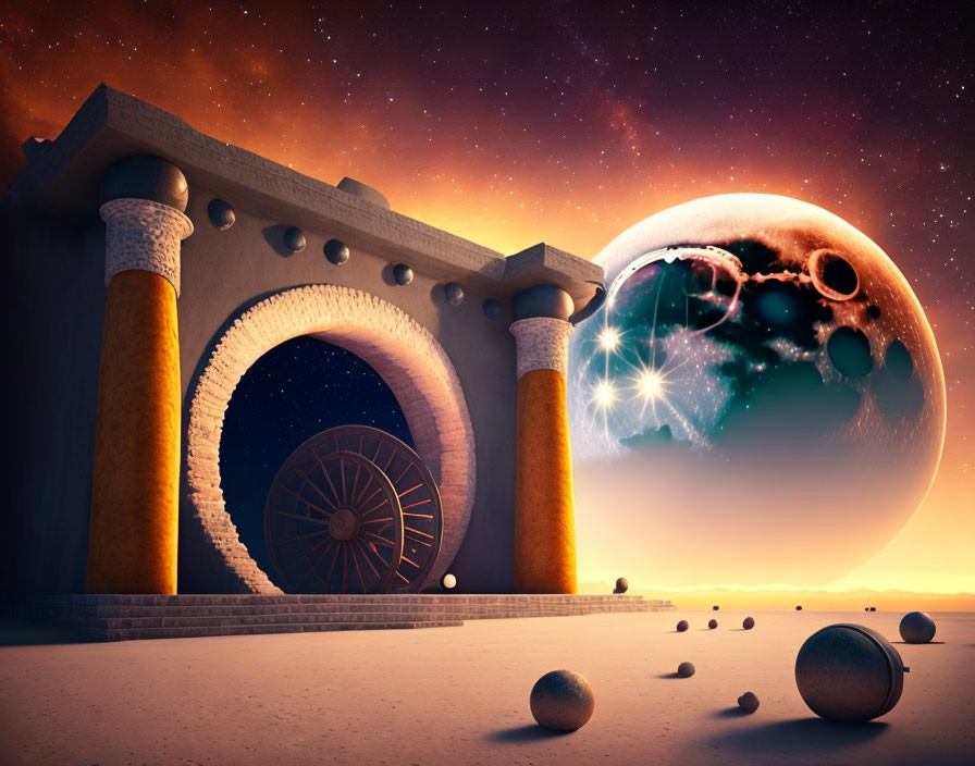 Surreal ancient gate under starry sky with giant planet and celestial bodies