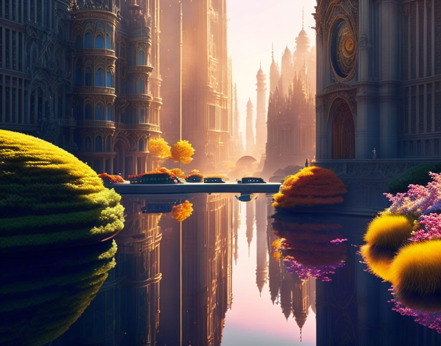 Fantastical cityscape with ornate towers reflected in calm water