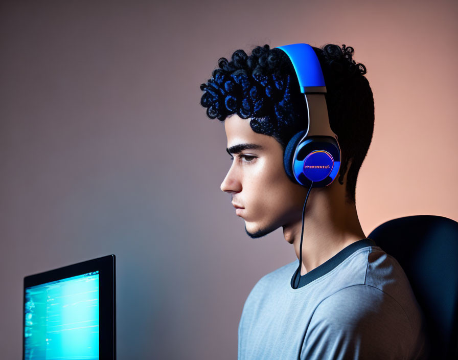 Young person in blue and white headset at computer screen.