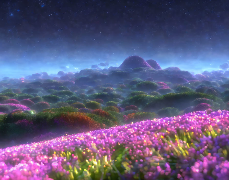 Vibrant purple and green flora in luminous night landscape