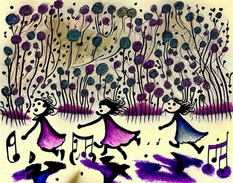 Colorful illustration of joyful figures dancing under stylized plants