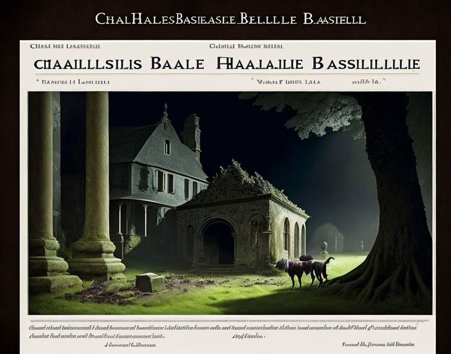 Gothic-style poster featuring moonlit stone house, arches, tree, and sheep silhouette