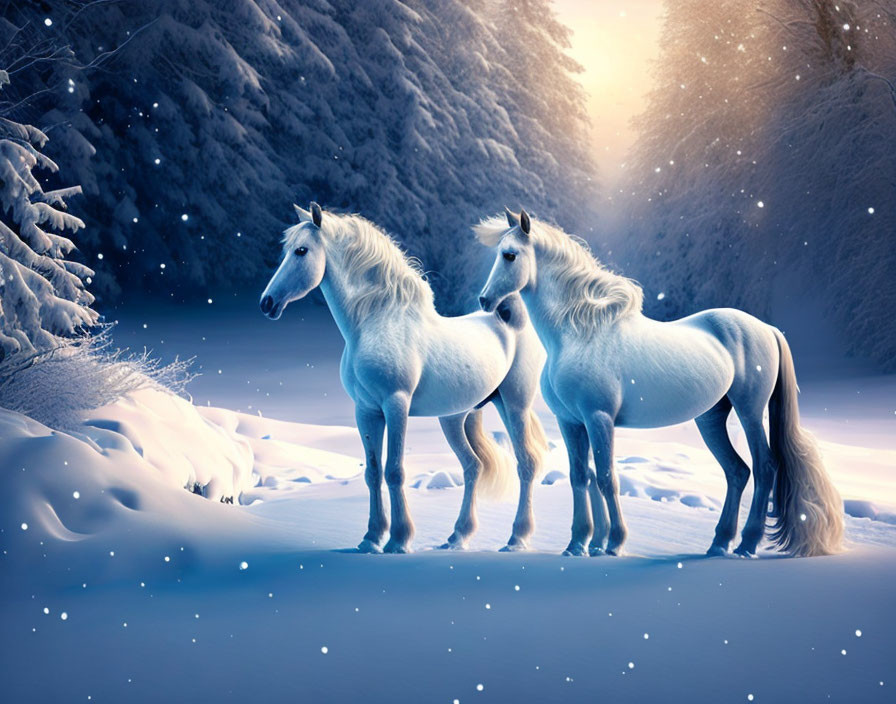 White horses in snowy landscape with falling snowflakes