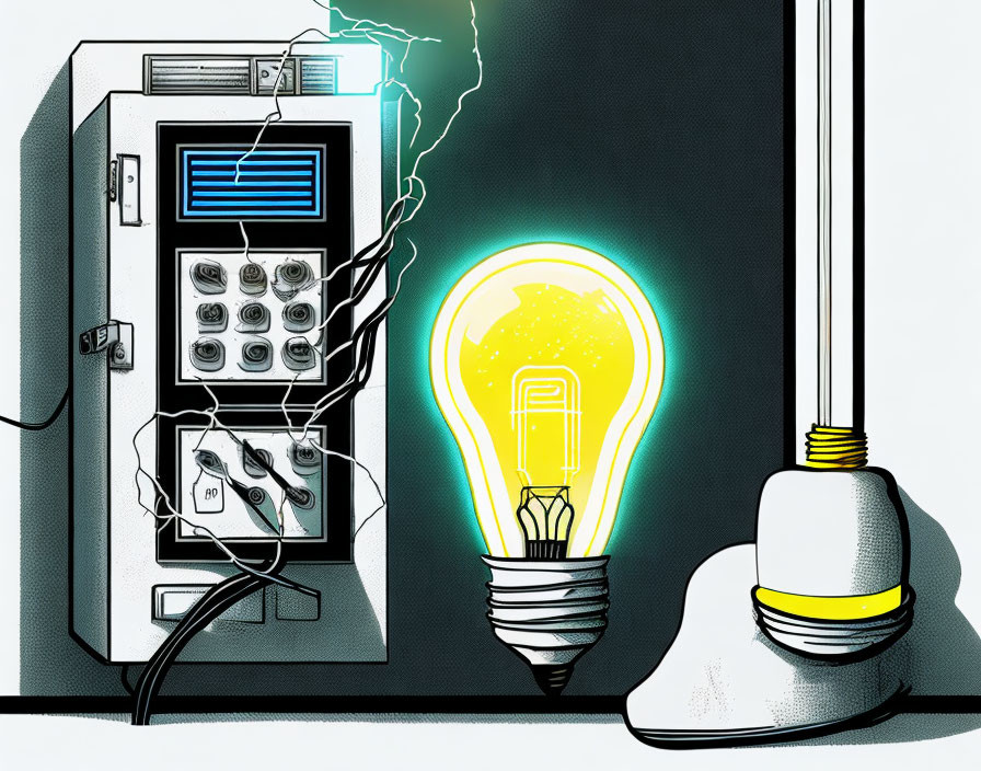 Retro payphone illustration with cords and glowing light bulb