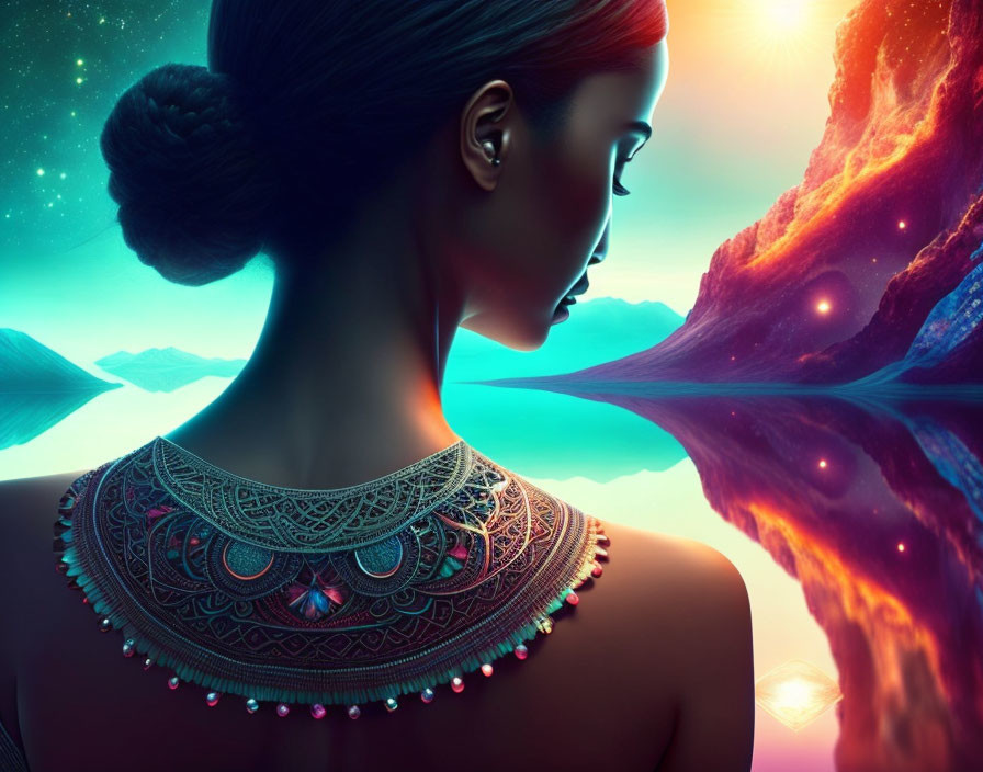 Woman with ornate necklace gazing at surreal landscape with glowing sun